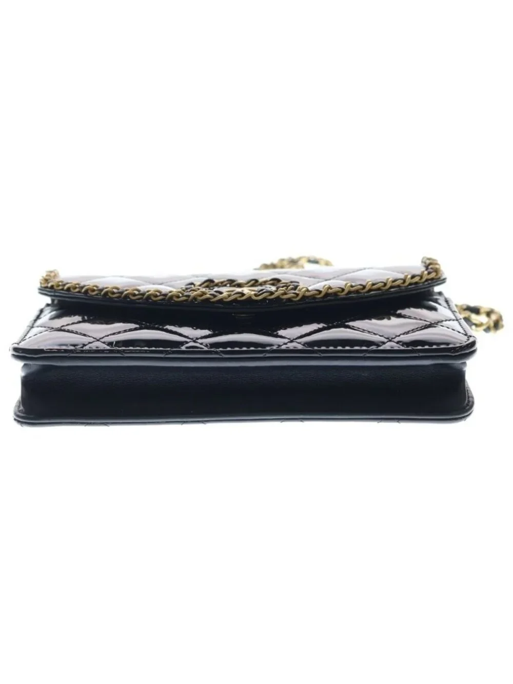 Chanel Quilted Patent Heart Chain Mini Shoulder Bag Black Gold